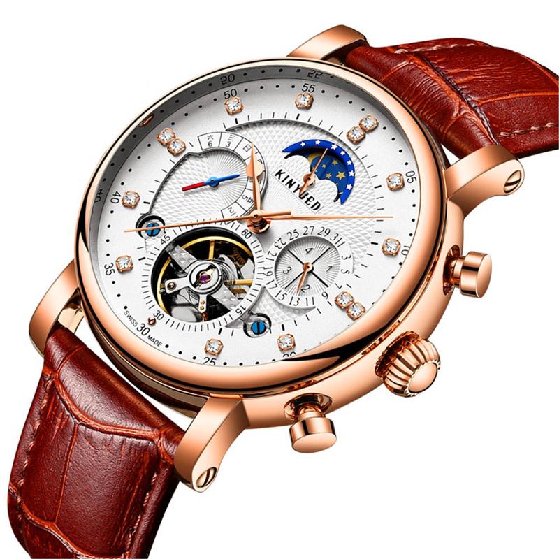 Luxury Brand KINYUED Automatic Mechanical Men Watch Waterproof Leather Strap Tourbillon Sport Mens Watches Fashion Casual Male