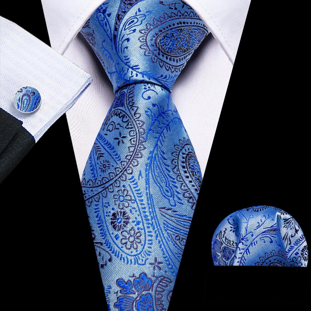 Barry.Wang Krawatten-Taschentuch-Manschettenknöpfe-Set, exquisites, saphirblaues Muster, Jacquard-Gewebt, Hochzeit