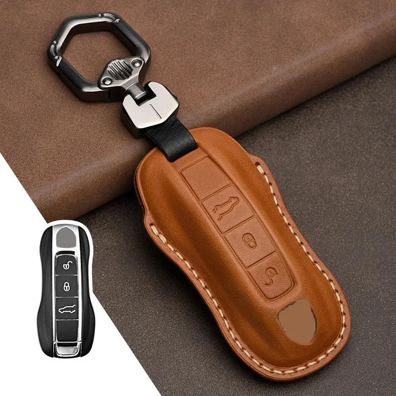 Interior Mouldings 1Pcs Genuine Leather Car Remote Key Fob Case Key cover for Porsche Panamera 2017-2021 Cayenne 2018 2019 2020