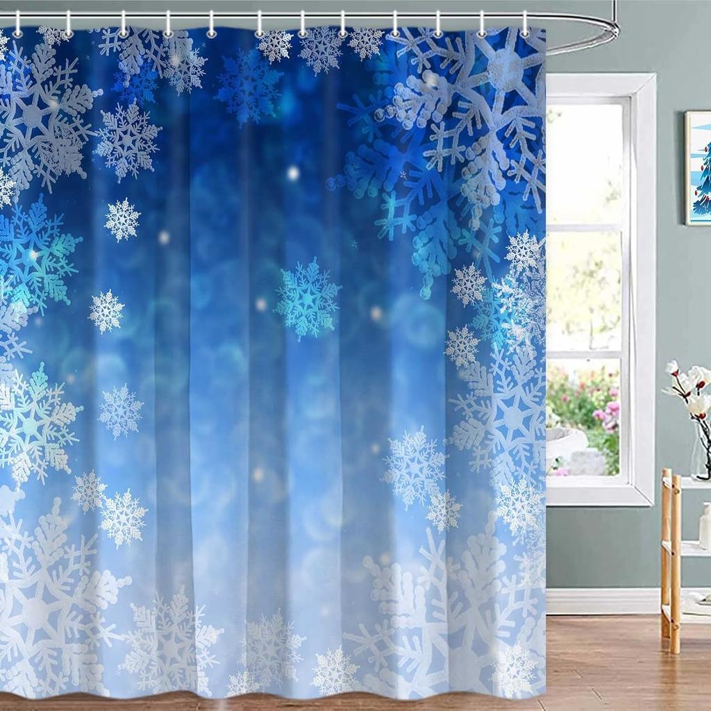 Blue Christmas Shower Curtain, Winter Snowflake Shower Curtains Set with 12 Hooks, Holiday Home Decor Fabric Shower Curtains