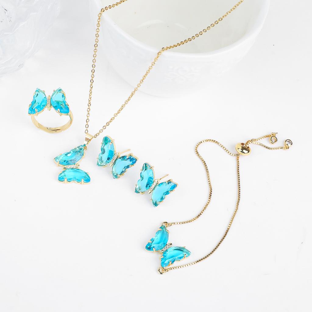 4pcs Creative 21 Colors Crystal Zirconia Butterfly Bracelet Necklace Earrings Ring Jewelry Set Luxury For Woman Party Jewelry