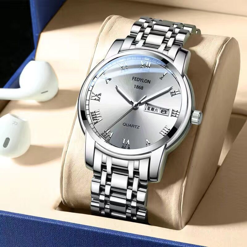 New Black Korean Style Trendy Student Roman Steel Belt Watch for Men Quartz Double Calendar Waterproof Men's Watch