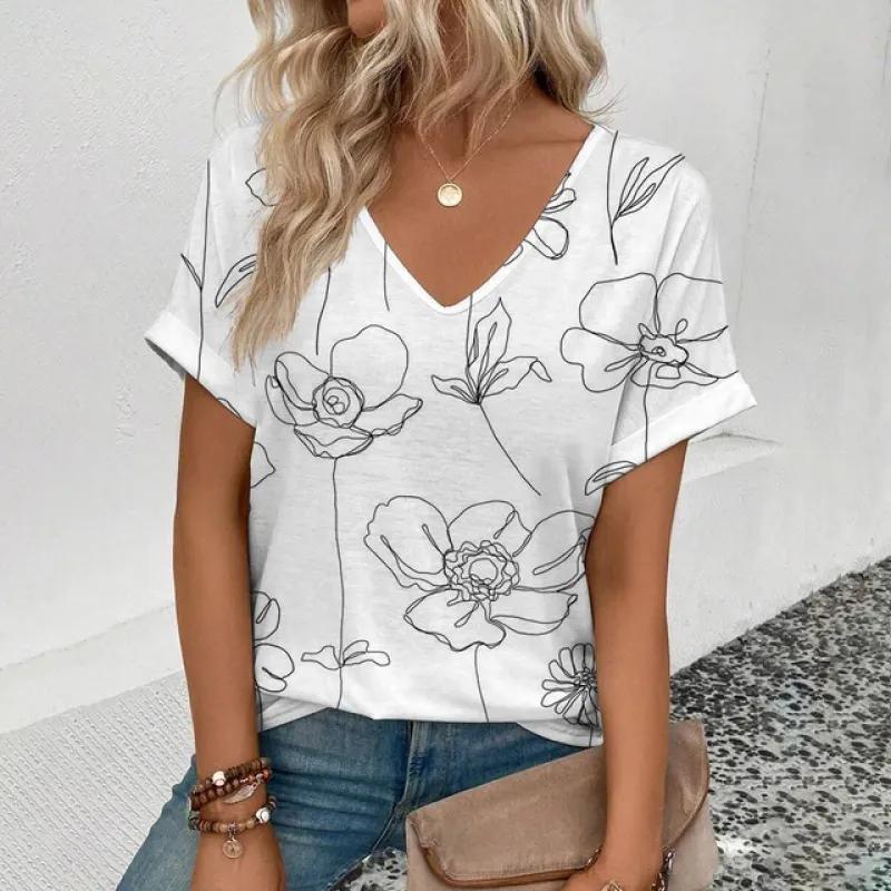 Women's Short Sleeve V-neck T-Shirt Fashion Abstract Face Print T-Shirt Summer Casual Elegant Top Women's Clothing T-Shirt