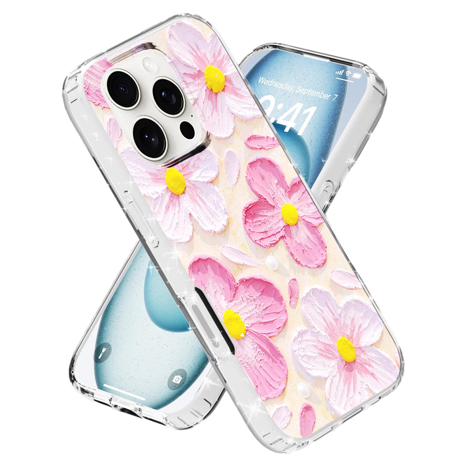 

For iPhone 16 Pro Phone Case IMD Pattern Print PC TPU Mobile Cover Pink Flower