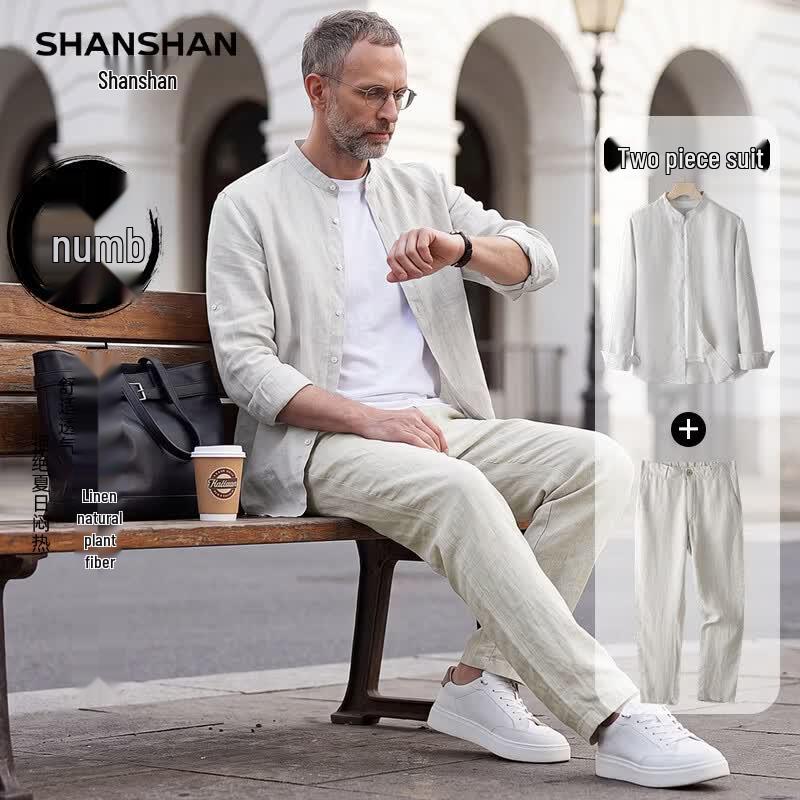 SHANSHAN Men's Pure Linen Stand Collar Shirt & Pants Set