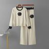 Trendy Embroidered Knit Top & Wide-Leg Pants Set for Women - Spring/Autumn Fashion