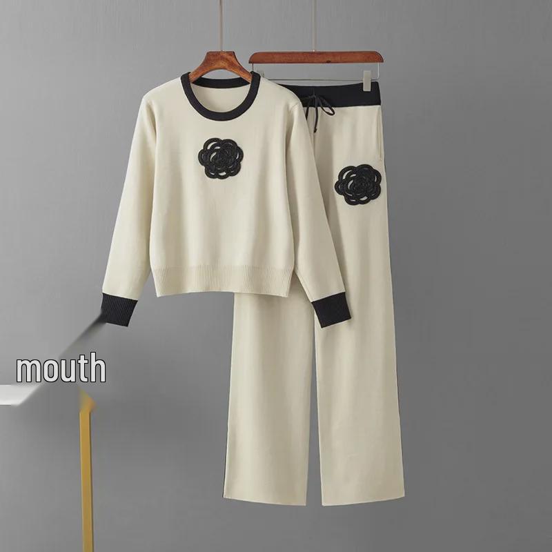 Trendy Embroidered Knit Top & Wide-Leg Pants Set for Women - Spring/Autumn Fashion