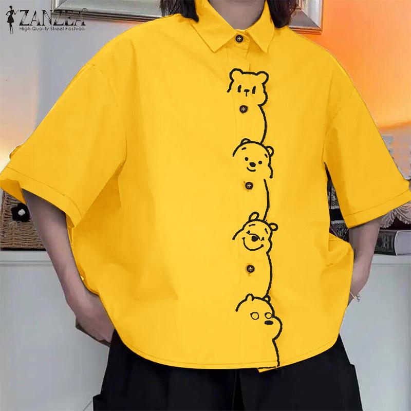 ZANZEA Women Turn Down Collar Loose Short Sleeve Print Blouse