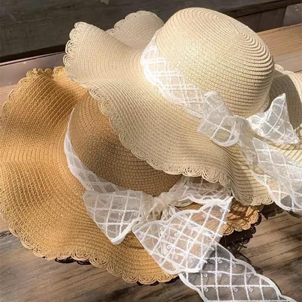 New Lace Ruffle Summer Straw Hat Solid Color Bowknot Fisherman Cap Woven Straw Wide Brim Bucket Hat Beach