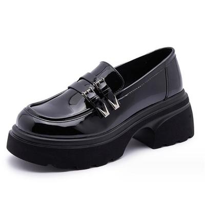Neue College-Stil Casual Slipper mit dicker Sohle Schwarz Echtes Leder Mode Pumps Mädchen Absatzschuhe Damen Britischer Stil