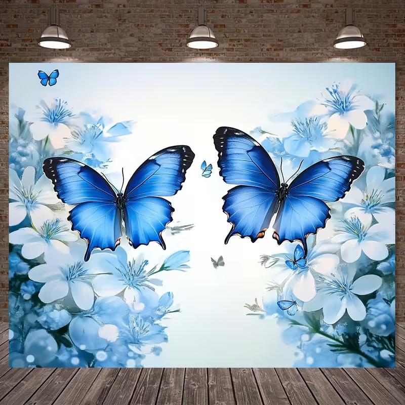 

2D Dreamy Blue Flower & Butterfly Backdrop 2D Flat Print Soft Pastel Background Banner 47.2x31.5inch/120*80cm