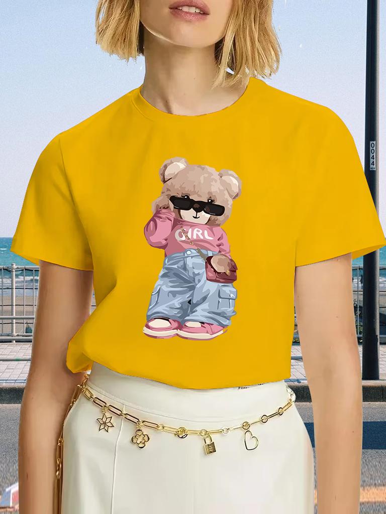 Cute Bear Print T-shirt Short Sleeve Crew Neck Casual Top For Summer & Spring Women's Clothing T Shirt Female Tops Streetwear