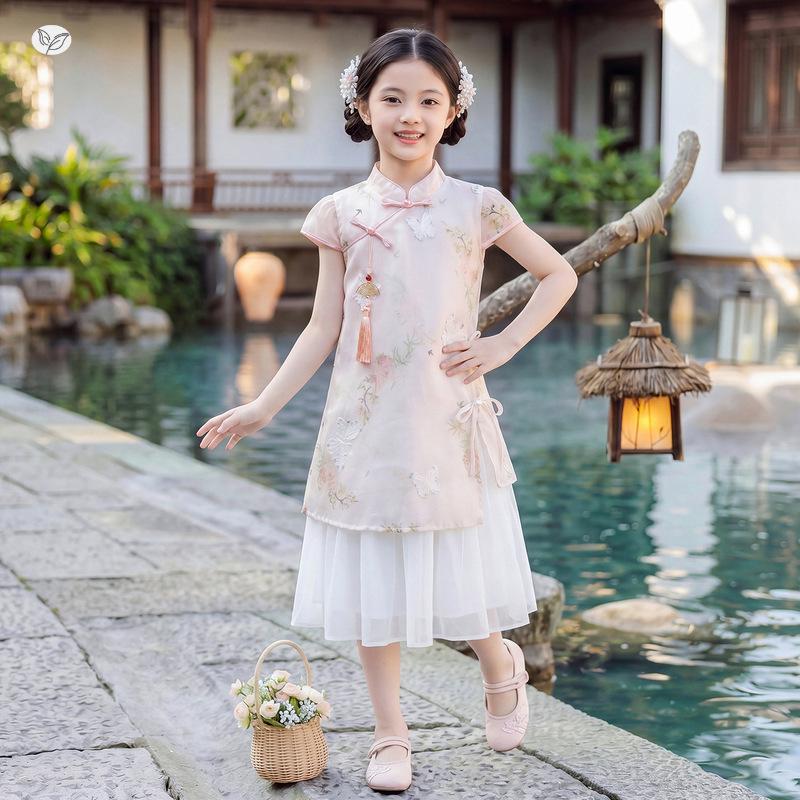 Girls' Summer Cheongsam Hanfu Princess Dress - New Chinese Style Floral Embroidery Costume