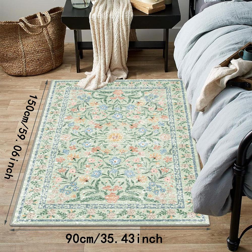 Machine Washable Green Flower Design Dirt-Resistant Carpet