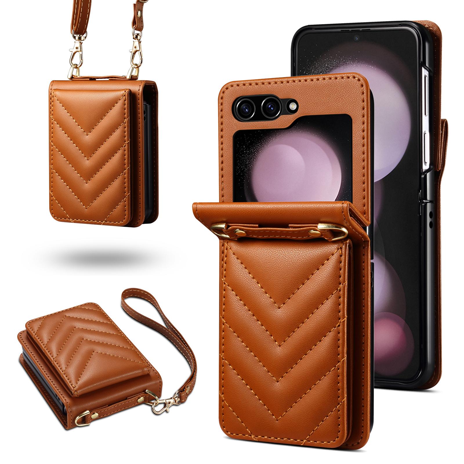 

For Samsung Galaxy Z Flip7 FE 5G/Z Flip6 5G Case PU Leather+PC Crossbody Phone Cover with Card Holder Brown