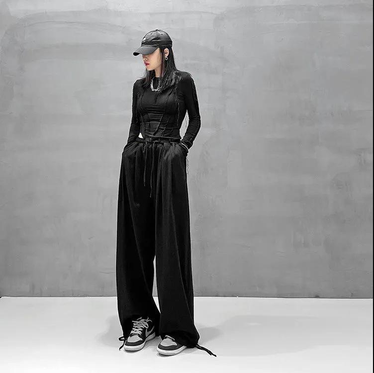 

High waist Harlan pants loose and thin drawstring casual versatile sweatpants wide leg bloomers women ins tide S чёрный