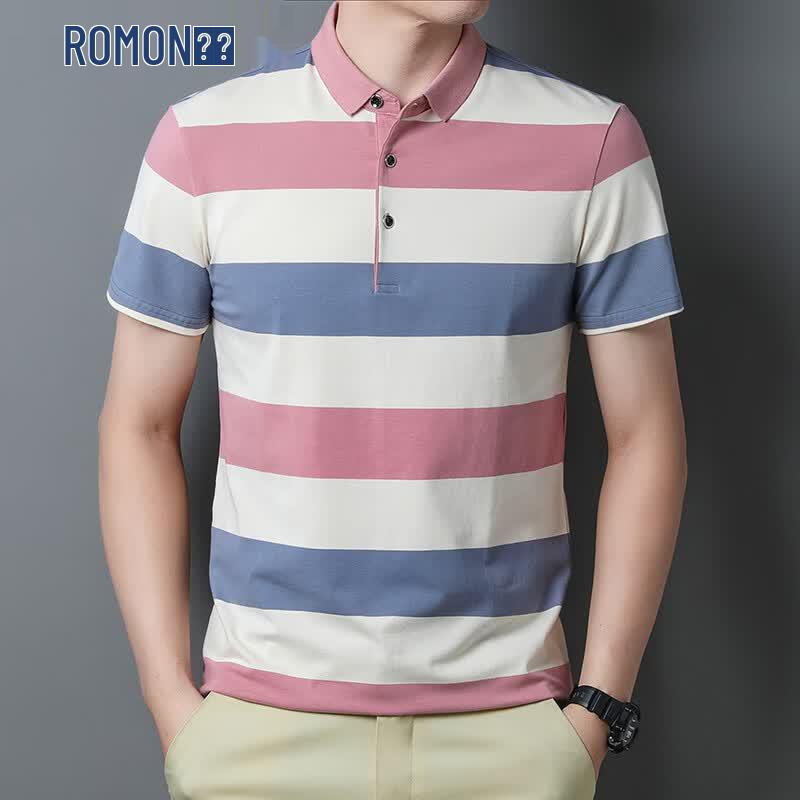 Romon Men s Short Sleeve Striped Polo Shirt L