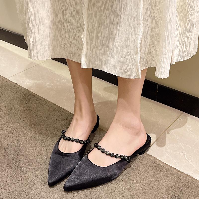 French temperament silver rhinestone bag head half slippers women's shoes wear 2025 new summer low heel half support single shoes