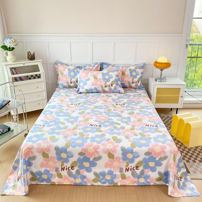 White Tulip Flower Flat Sheet Cotton Cartoon Bunny Blue Bed Sheet Set for Boys Girls Lovely Floral Rabbit Botanical Bed Cover