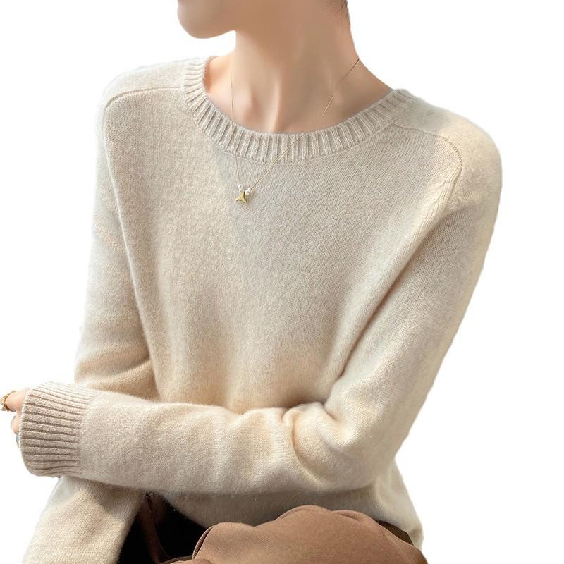 Women's Genuine Cashmere Seven-Gauge Thick Saddle Shoulder Round Neck Loose Solid Color Knit Sweater Base Layer