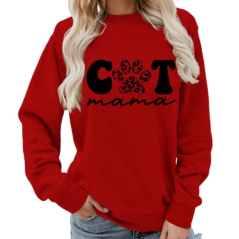 Women's Fashion Round Neck Long Sleeve Colorful Cat  Letter Top Sweatshirt