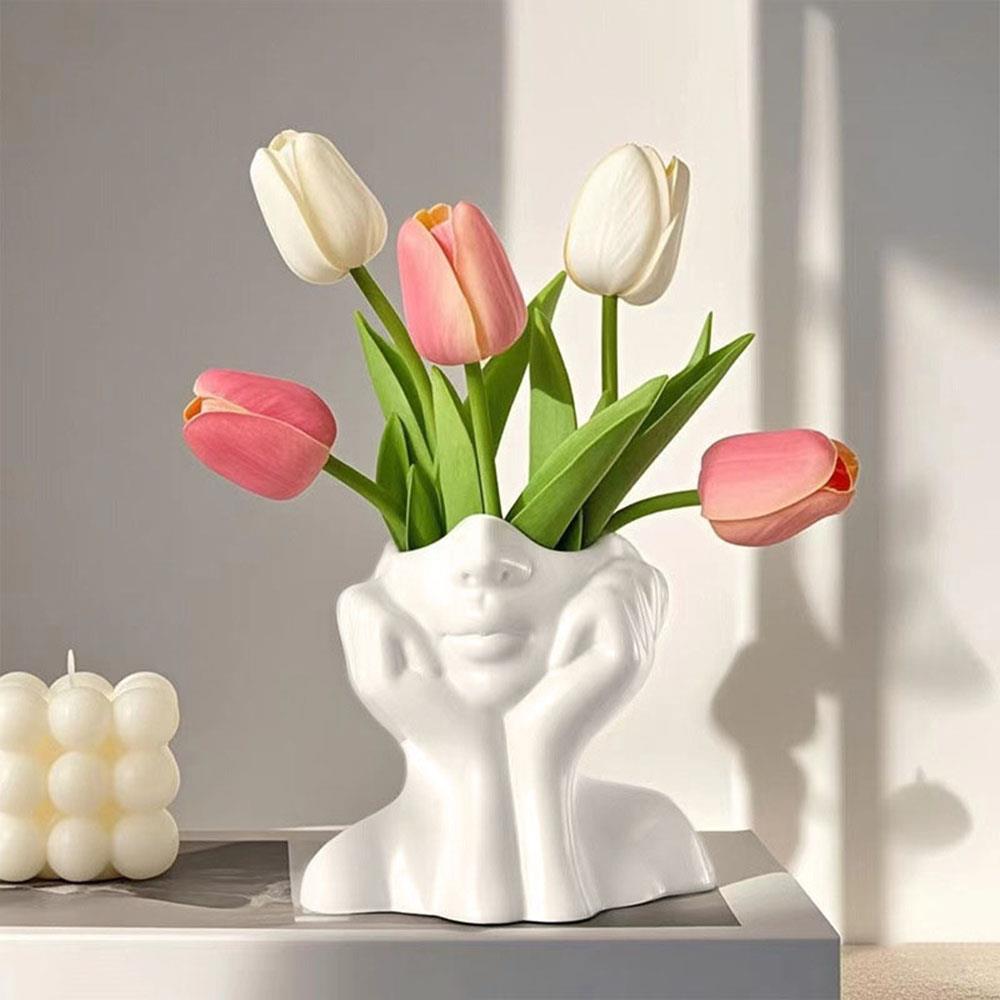Face Shape Makeup Brush Holder Modern Nordic Flower Vases Makeup Storage Box Half Face Portrait Decor For Home Office Book Shelf