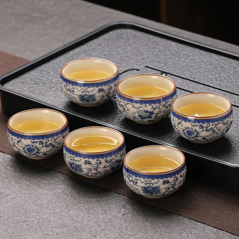 Ceramic Teacup Set 6pcs Kung Fu Tea Set Ru Kiln Qinghua Chinese Tea Table Tea Accessories
