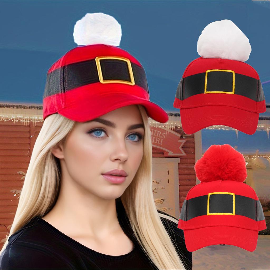 Christmas Baseball Cap Red Adjustable Baseball Cap With Furry Ball