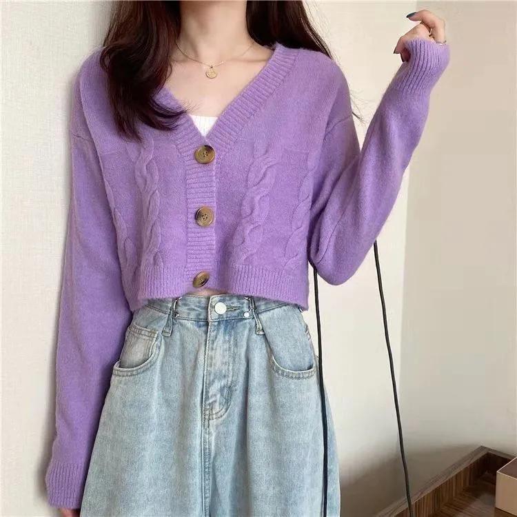 

Women s Solid-Color Elegant Short-Length High-Waisted Slimming Sweater Spring Single-Button Knit Cardigan XL
