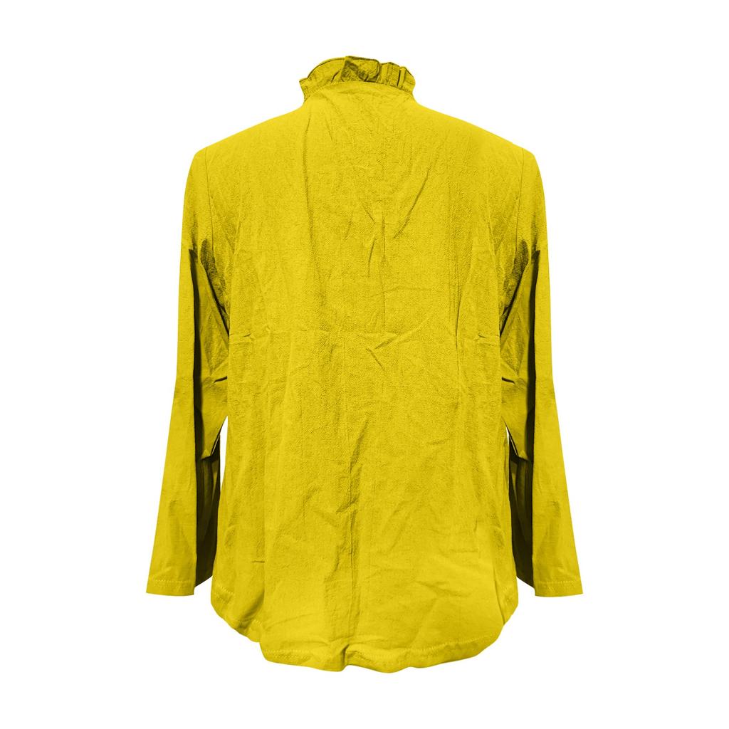 Dámský volný top s volánky, jednobarevný, se stojáčkem, s dlouhým rukávem, bavlněný a lněný