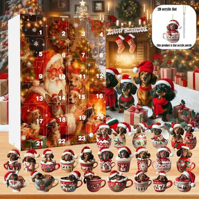 2025 Teckel in Mok Adventskalender 24-Dagen Kerst Afteldoos met Acryl Ornamenten Schattig Cadeau voor Hondenliefhebber