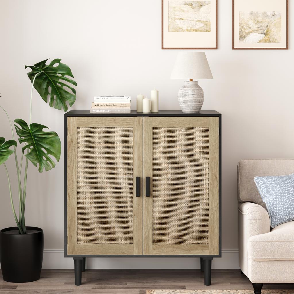 80CM Two-Door Rattan Storage Cabinet, Suitable for Living Room, Dining Room, Hallway(Black)