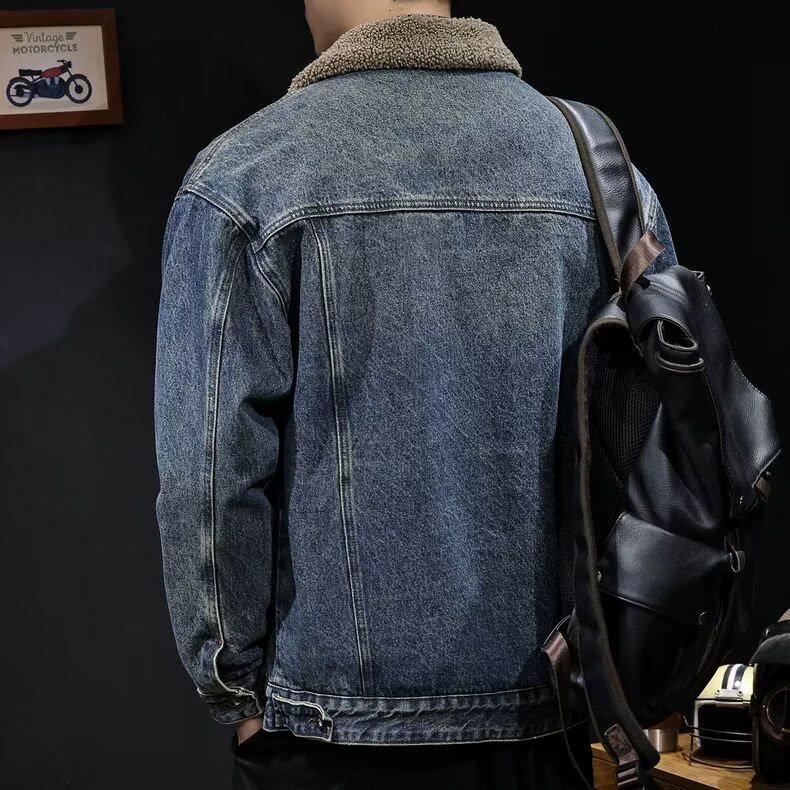 Giacca da Lavoro Invernale da Uomo in Velluto e Denim Retro Americano - Spessa, Calda, con Lana d'Agnello