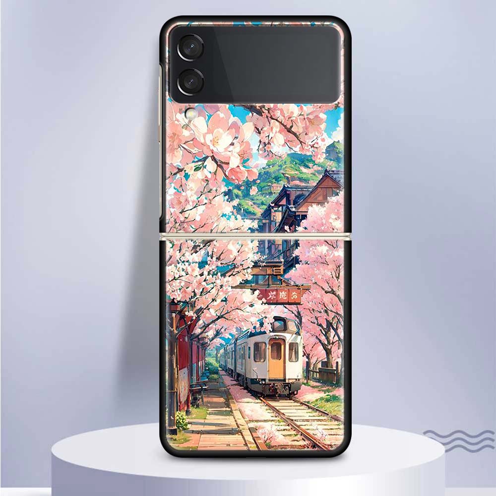 Anime Aesthetic Scenery Hard PC Clear Phone Case Cover for Samsung Galaxy Z Flip 7 6 5 4 3 5G Flip3 Flip4 Flip5 ZFlip6 ZFlip7 Bl