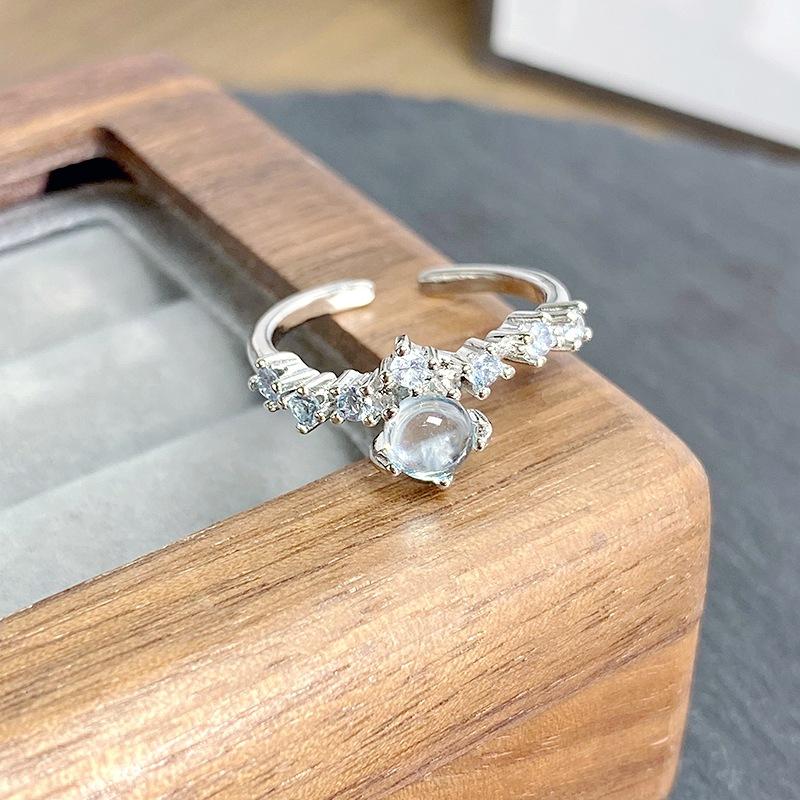 Diamond Sea Blue Moonstone Ring, Female Niche Design, Index Finger Ring, Light Luxury, High-End Personality Ring.