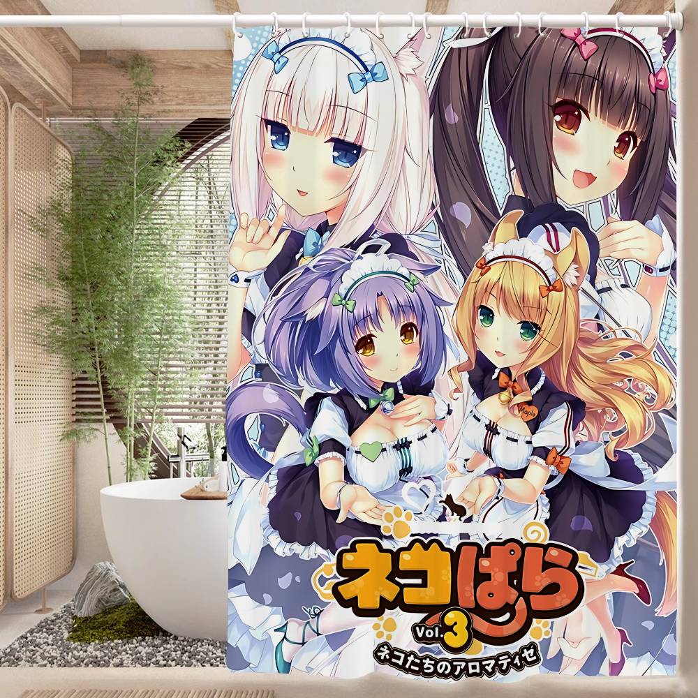 Nekopara Neko Anime Pattern Bathing Curtain Bathroom Shower Curtain Waterproof With 12 Hooks Home Deco
