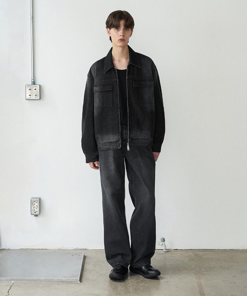 Draw Fit Consize Washed Pocket Denim Jacket [Black]
