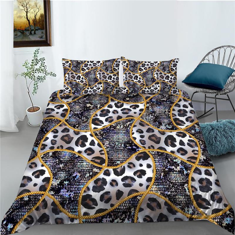 Bettbezug-Set mit Leopardenmuster, Mikrofaser, europäischer Retro-Klassiker, Druck, Doppelbett-Bettbezug mit Leopardenmuster und Goldkette, Kingsize