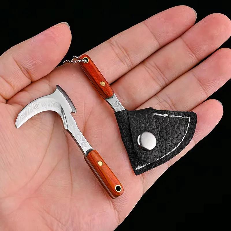 Portable Mini Sickle Pocket Knife Stainless Steel Camping EDC Knife Peeling Machine Fixed Blade Wooden Handle Kitchen