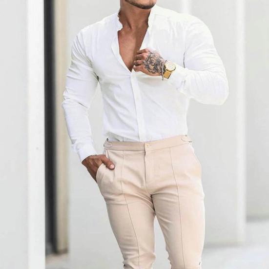 Pánská podzimní košile Slim Fit knoflíková stojáček jednobarevná jednořadá měkký kardigan formální business pánské topy do práce