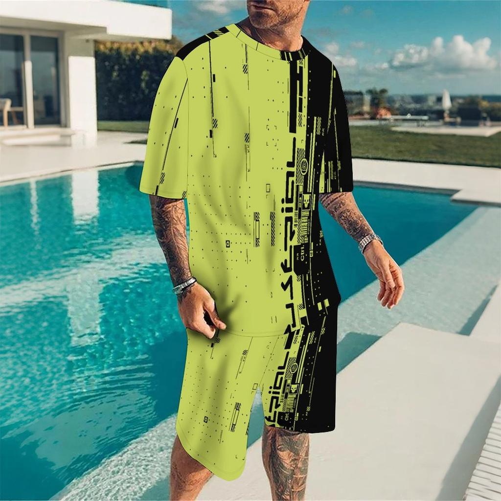 Men Black Grey Gradient Short Sleeve T Shirt And Matching Knee Shorts Two Piece Outfit