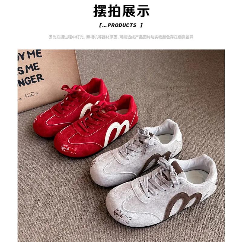 Women's Suede Cat Embroidery Casual Sneakers Retro M-Design Lace-Up Trainers Lightweight Soft Sole Walking Shoes