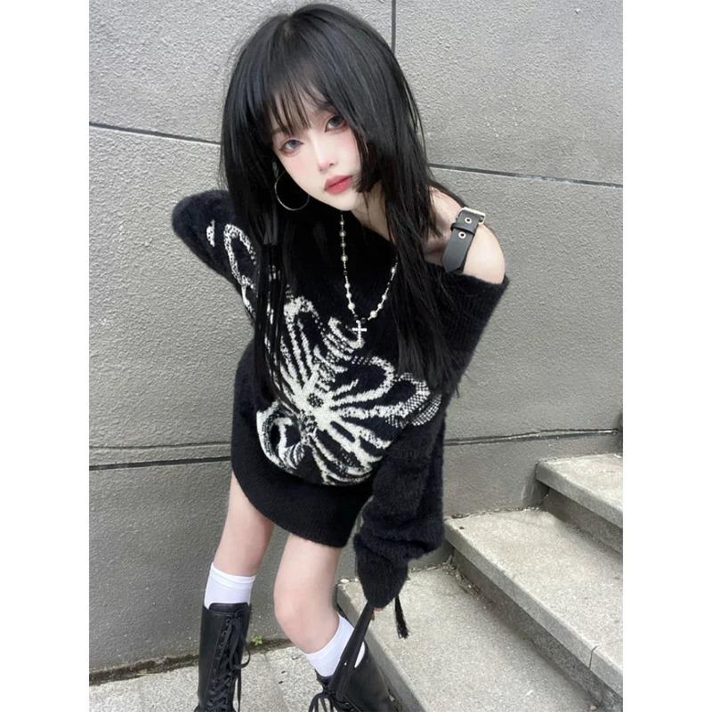 ROADVIBE Goth Skull Print Harajuku Sweater Sweater Tops Aesthetic Women's Black Pullover Harajuku Fashion Streetwear Tops 2000