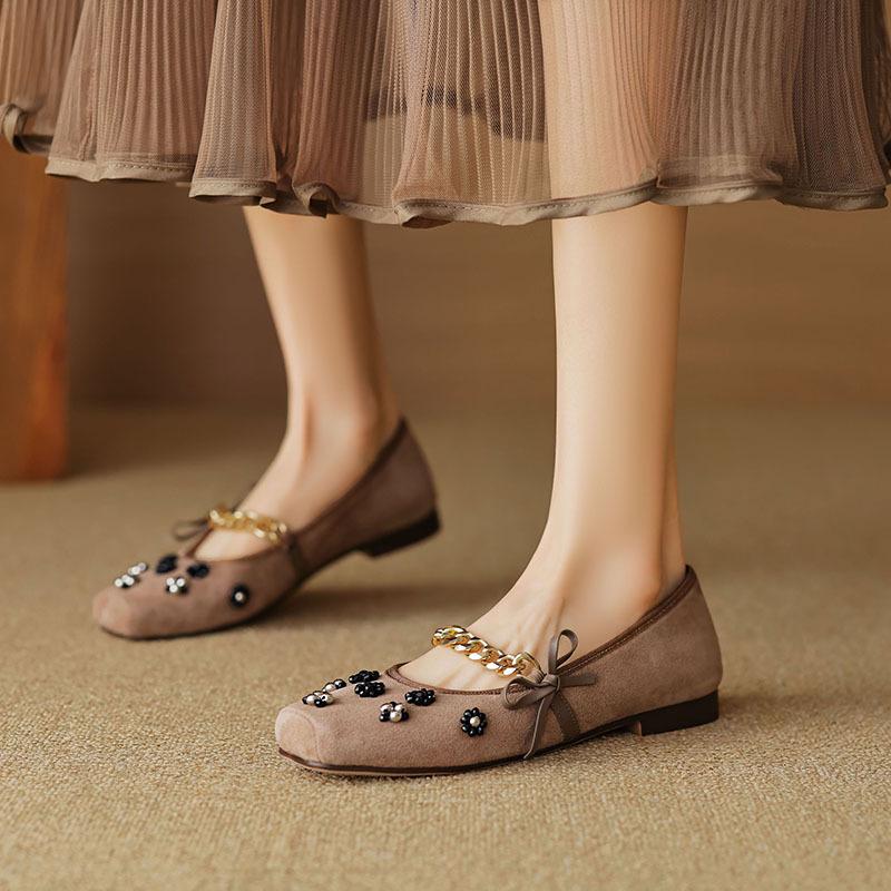 Square Head Beaded Flower Metal Chain Mary Jane Shoes Women's Versatile Low-heeled Single Shoes