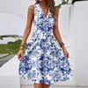 Women's Spring And Summer Casual V-Neck Sleeveless Waist Floral Print Midi Dress