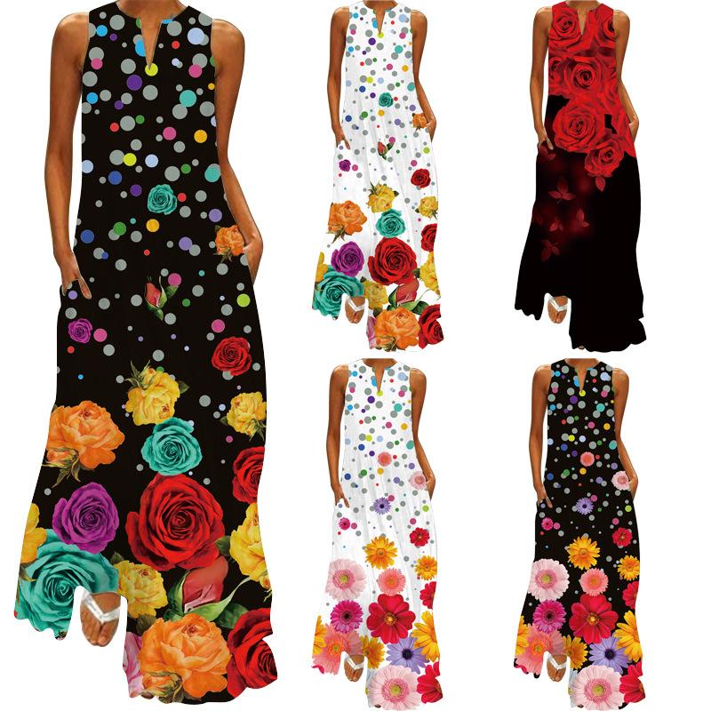 Damemote Sommer Våren Blomstertrykk Ermeløs V-hals Løse uformelle kjoler