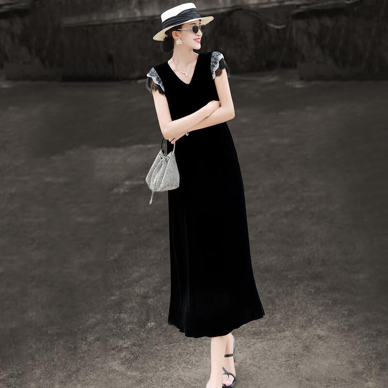 Lancer Hepburn Style Lace V-Neck Silk Velvet Dress