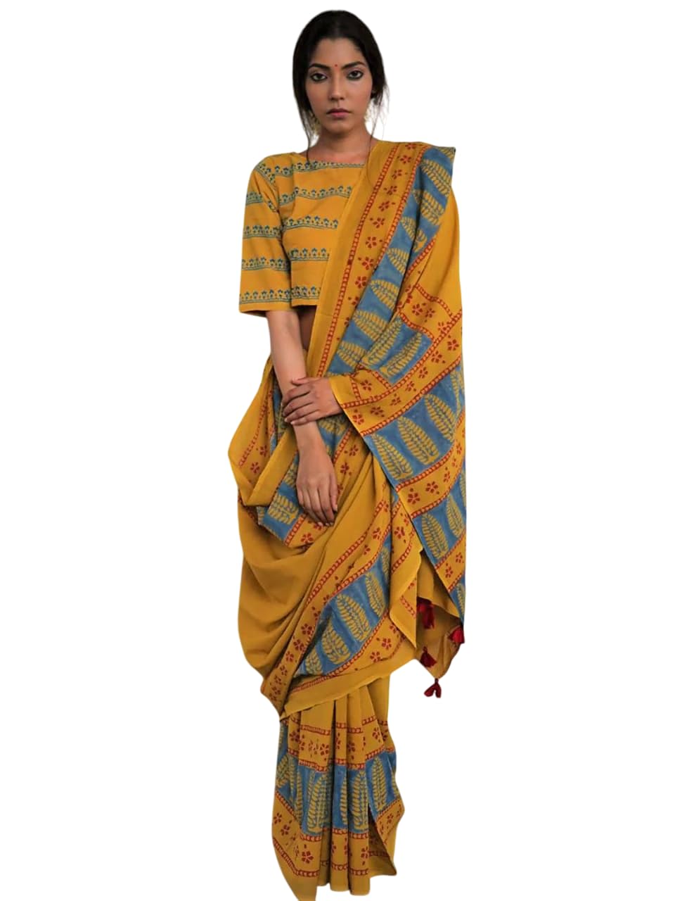 Jaanvi fashion Women s Hand Block Print Mul Cotton Saree with Blouse Piece (sunshine-bloom-yellow) Free Size