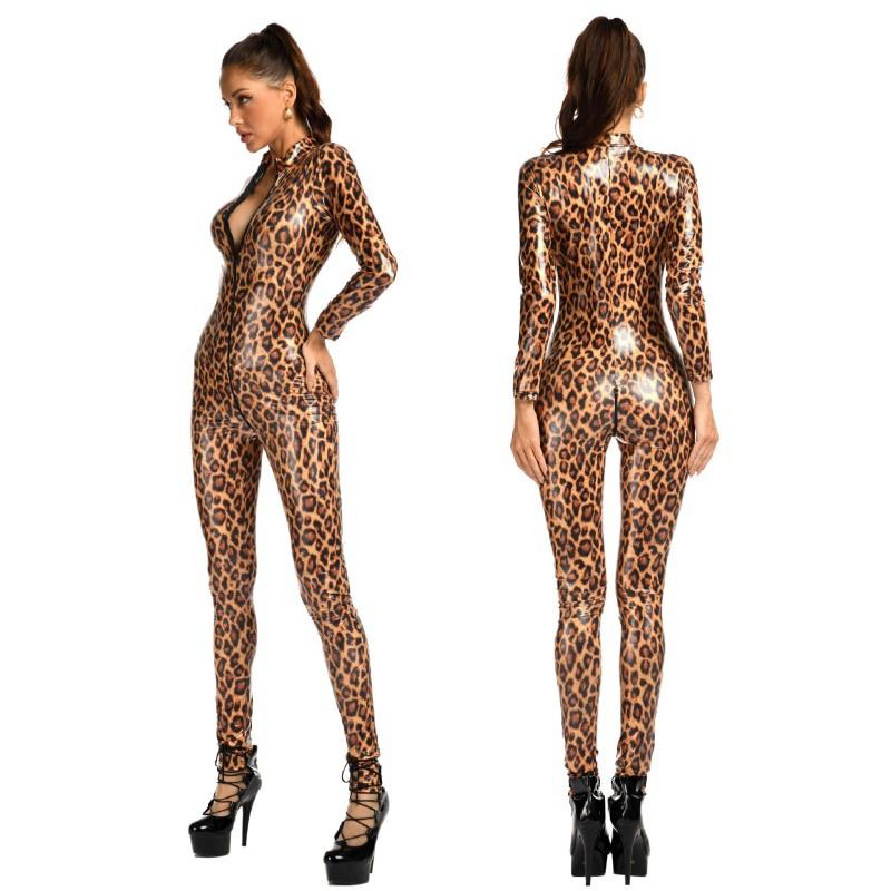 Women Leopard Bodysuit Wet Look Faux Leather Catsuit Zipper Open Crotch Jumpsuit Mistress Sex Costumes