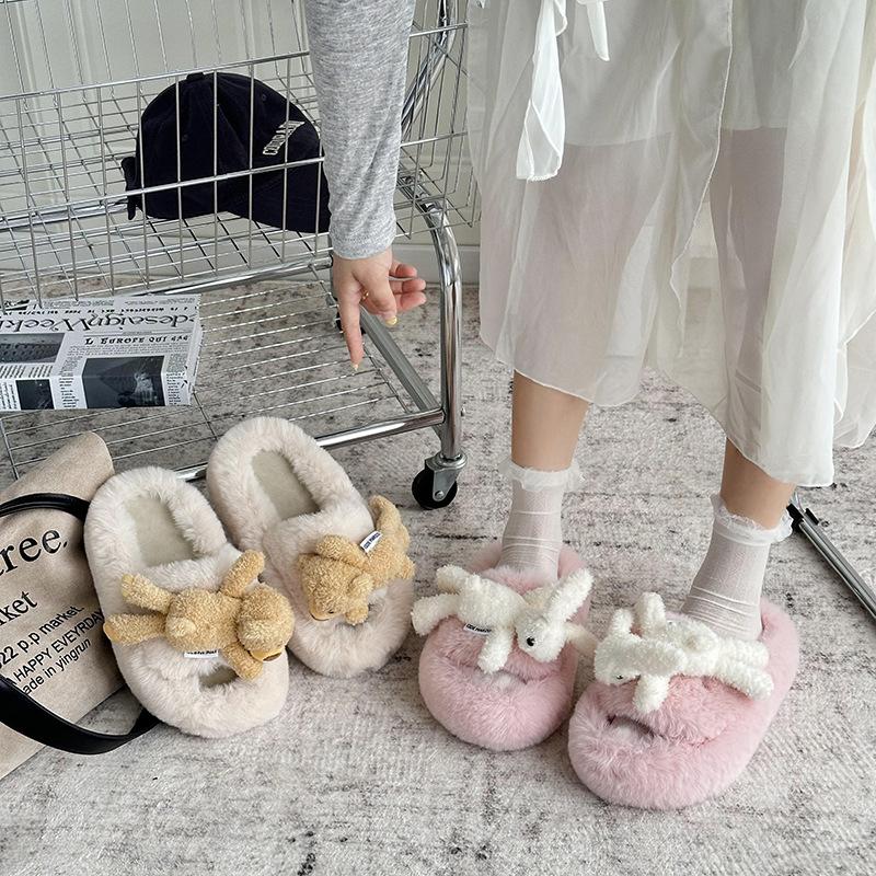Sheepskin version of rabbit fluffy slippers for women's winter wear 2025 new removable doll thick bottom fashion one-word drag